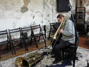 John Simonetti at a recording session in Durham, NC playing upright bass, tuba, bass trombone, and euphonium